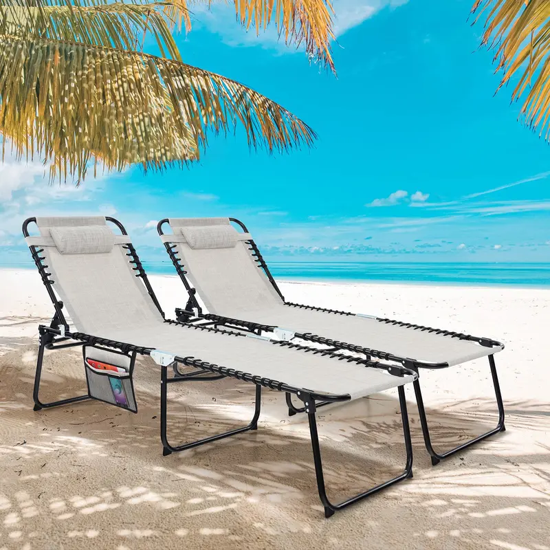 Adjustable Patio Chaise Lounge – Folding Recliner Chair with 4-Position Backrest, Side Pocket & Removable Headrest
