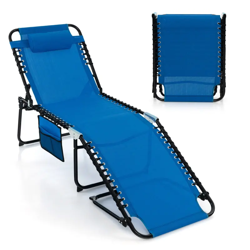 Adjustable Patio Chaise Lounge – Folding Recliner Chair with 4-Position Backrest, Side Pocket & Removable Headrest