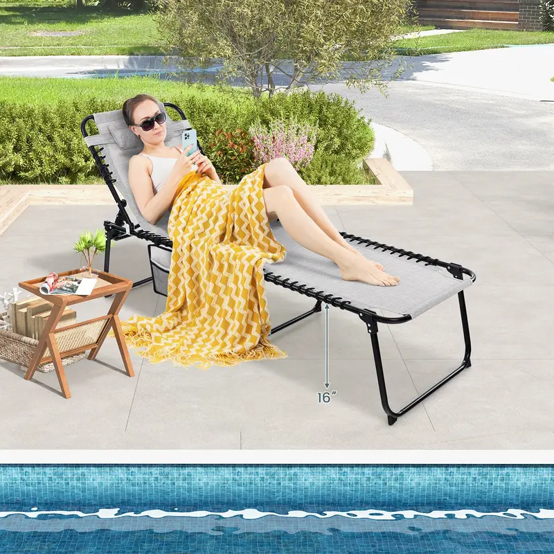 Adjustable Patio Chaise Lounge – Folding Recliner Chair with 4-Position Backrest, Side Pocket & Removable Headrest