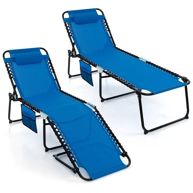 Adjustable Patio Chaise Lounge – Folding Recliner Chair with 4-Position Backrest, Side Pocket & Removable Headrest
