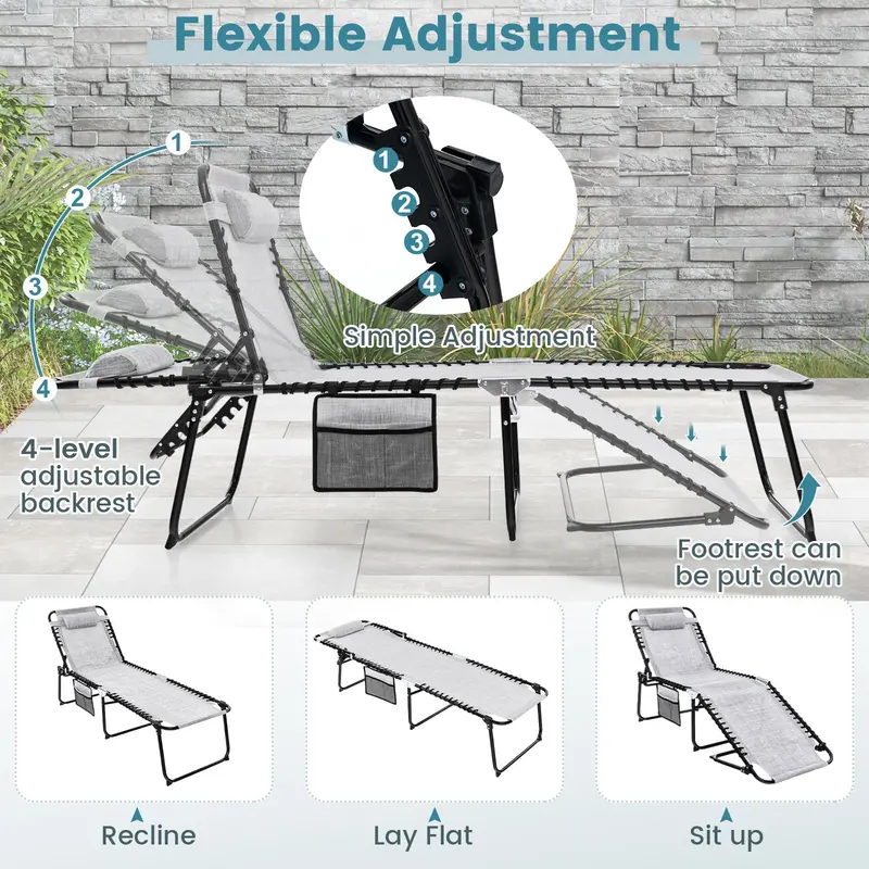 Adjustable Patio Chaise Lounge – Folding Recliner Chair with 4-Position Backrest, Side Pocket & Removable Headrest