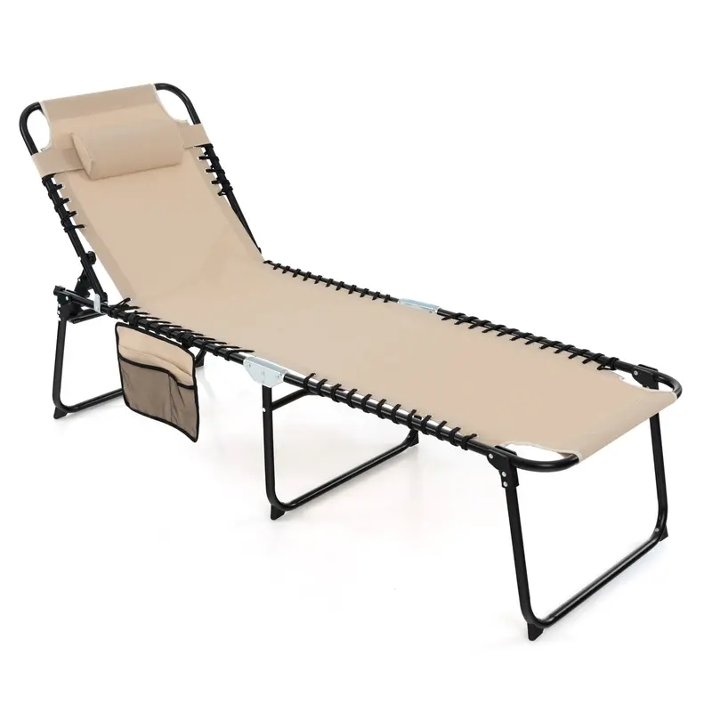 Adjustable Patio Chaise Lounge – Folding Recliner Chair with 4-Position Backrest, Side Pocket & Removable Headrest