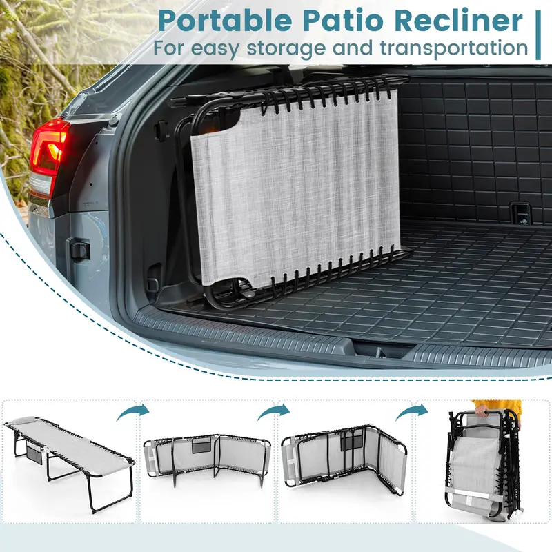 Adjustable Patio Chaise Lounge – Folding Recliner Chair with 4-Position Backrest, Side Pocket & Removable Headrest