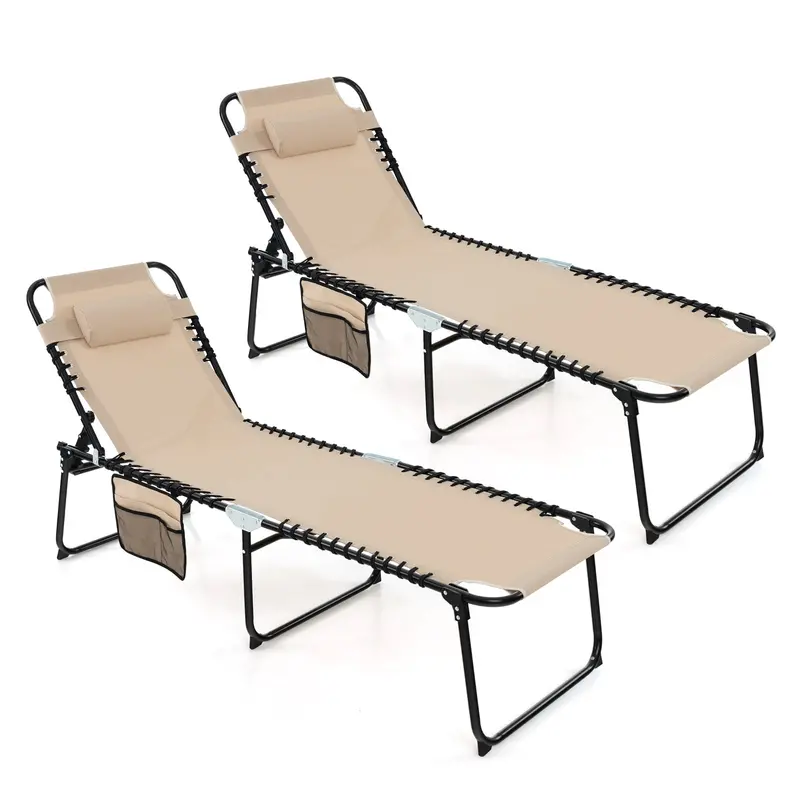 Adjustable Patio Chaise Lounge – Folding Recliner Chair with 4-Position Backrest, Side Pocket & Removable Headrest