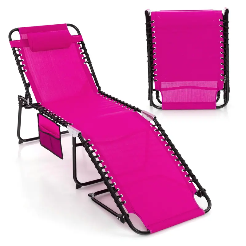 Adjustable Patio Chaise Lounge – Folding Recliner Chair with 4-Position Backrest, Side Pocket & Removable Headrest