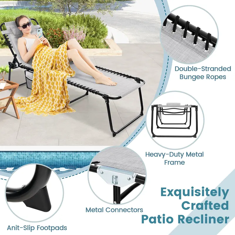 Adjustable Patio Chaise Lounge – Folding Recliner Chair with 4-Position Backrest, Side Pocket & Removable Headrest