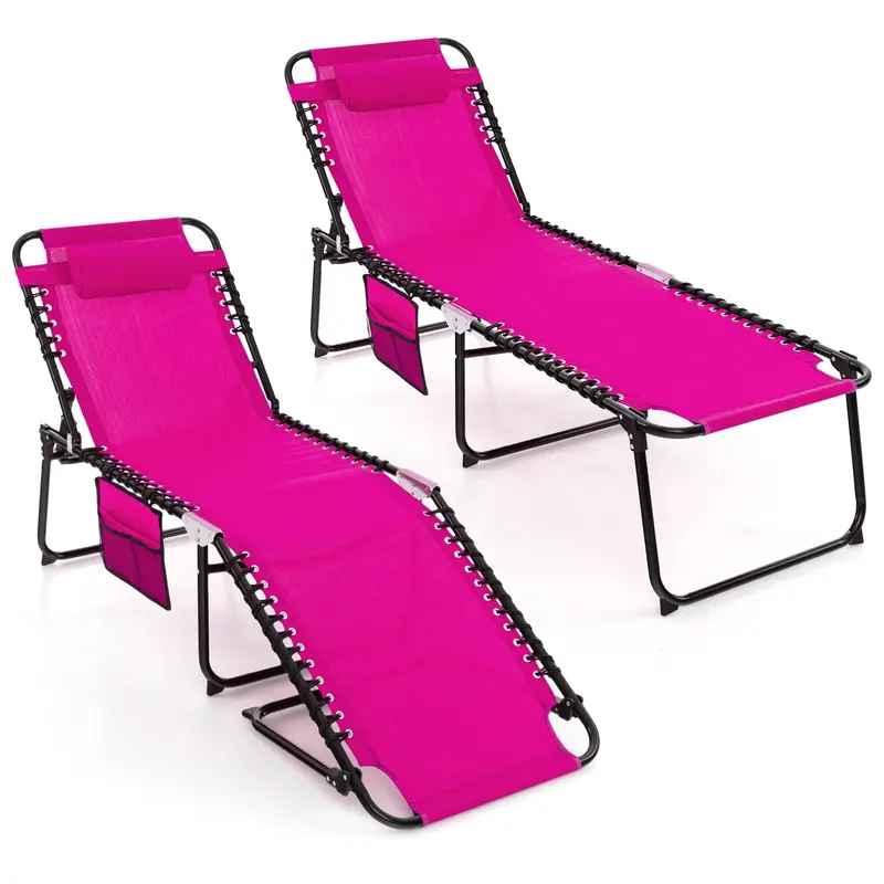 Adjustable Patio Chaise Lounge – Folding Recliner Chair with 4-Position Backrest, Side Pocket & Removable Headrest