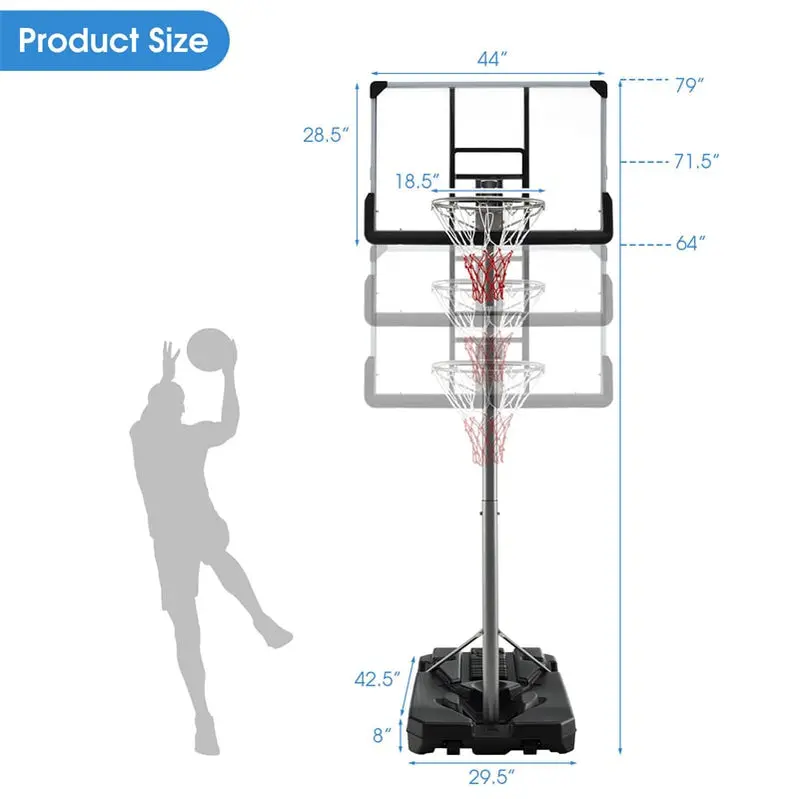 Adjustable Portable Basketball Hoop – 64" to 79" Height Range, 44" Wheeled Backboard, Poolside or Patio Use