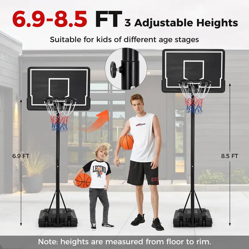 Adjustable Portable Outdoor Basketball Hoop – Height Range 6.9–8.5 ft with Stable Fillable Base