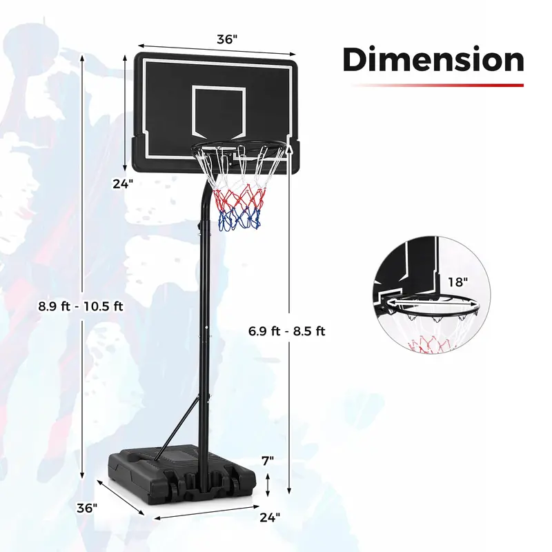 Adjustable Portable Outdoor Basketball Hoop – Height Range 6.9–8.5 ft with Stable Fillable Base