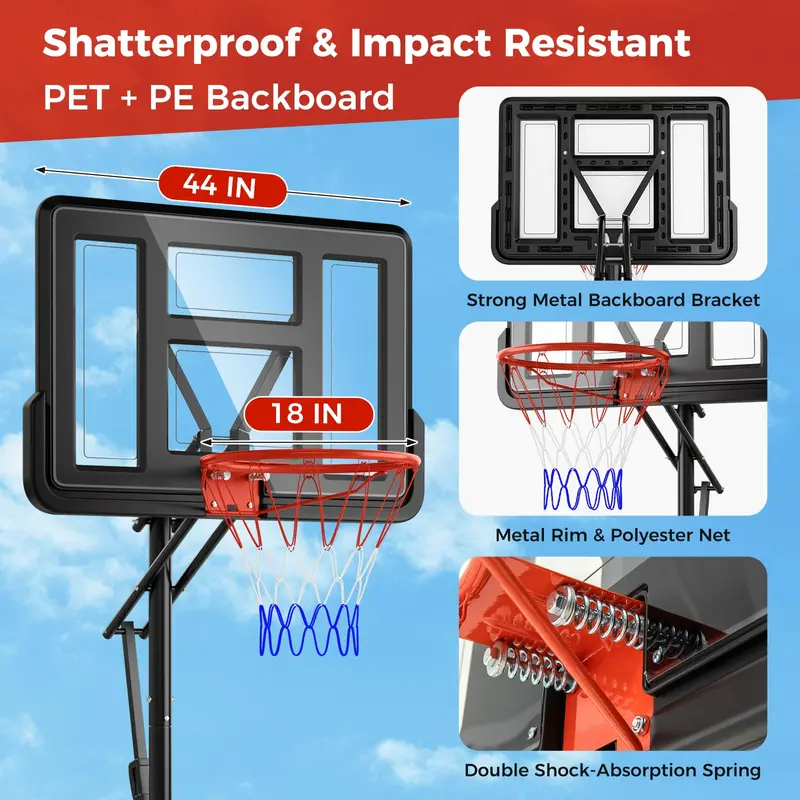 Adjustable Portable Outdoor Basketball Hoop System – 7.9 to 10 FT Height, 44" Shatterproof Backboard