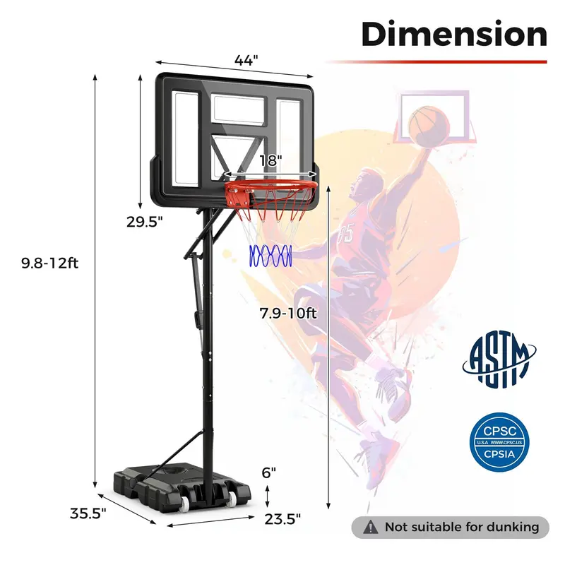 Adjustable Portable Outdoor Basketball Hoop System – 7.9 to 10 FT Height, 44" Shatterproof Backboard