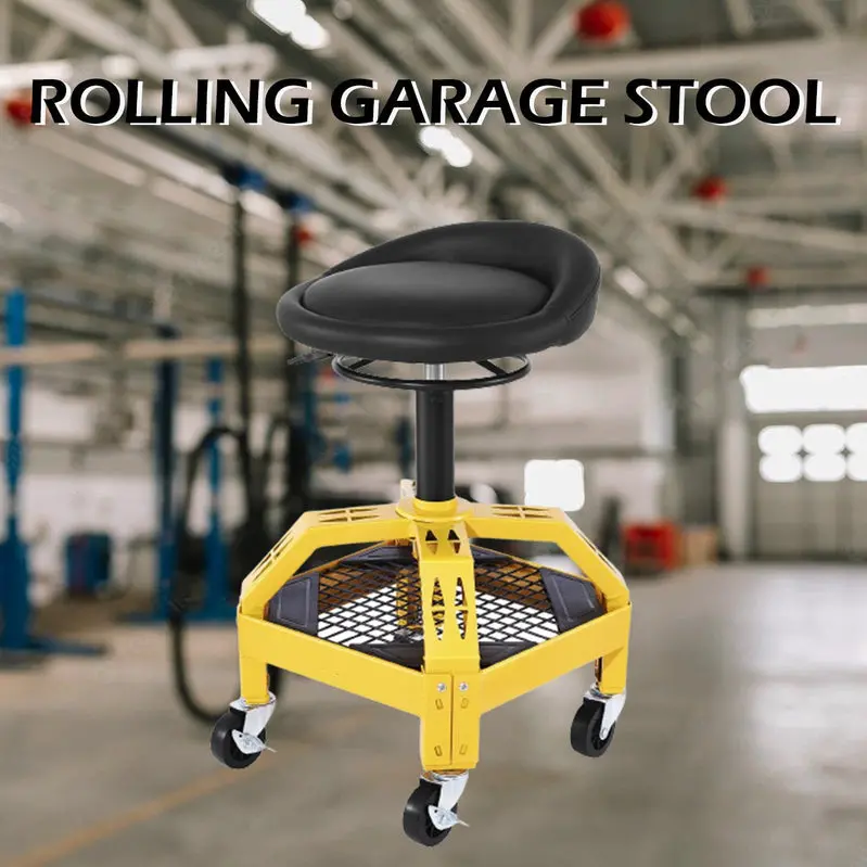 Adjustable Rolling Garage Stool – Heavy-Duty Mechanic Seat with 360° Swivel Casters and Height-Adjustable Seat