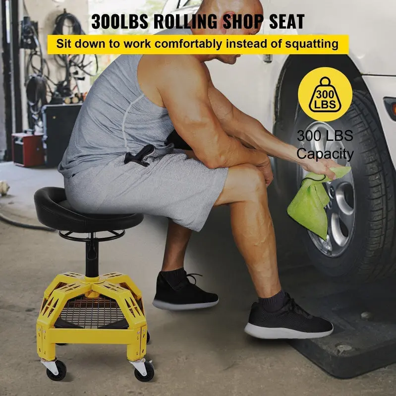 Adjustable Rolling Garage Stool – Heavy-Duty Mechanic Seat with 360° Swivel Casters and Height-Adjustable Seat