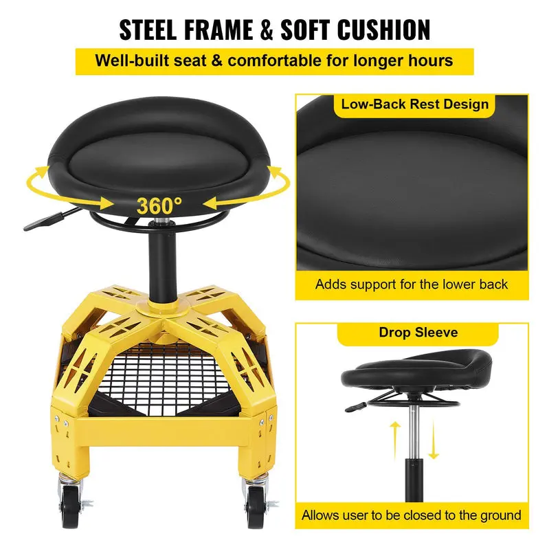 Adjustable Rolling Garage Stool – Heavy-Duty Mechanic Seat with 360° Swivel Casters and Height-Adjustable Seat