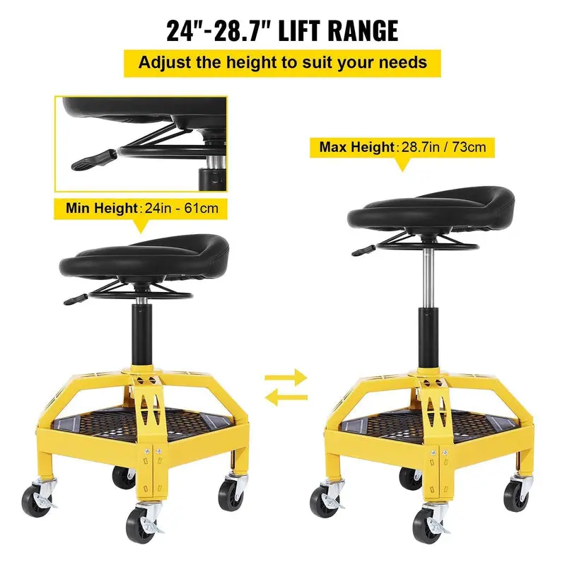 Adjustable Rolling Garage Stool – Heavy-Duty Mechanic Seat with 360° Swivel Casters and Height-Adjustable Seat