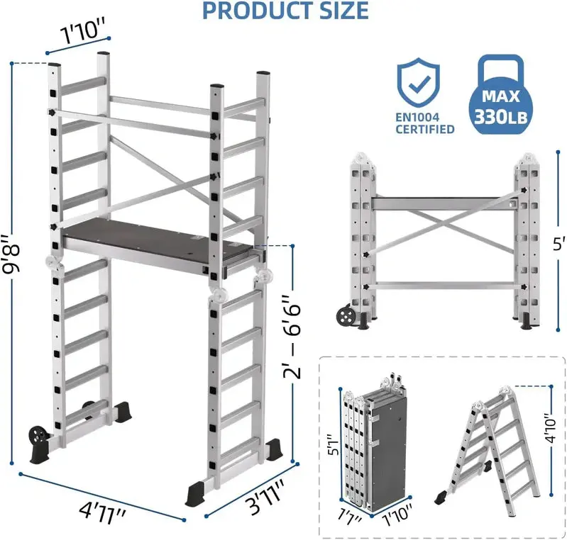 Adjustable Rolling Scaffolding Tower – Foldable Work Platform with 330 lb Load Capacity
