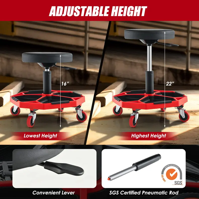 Adjustable Shop Mechanic Stool – Pneumatic Creeper with Magnetic Tool Tray and Detachable Seat 2