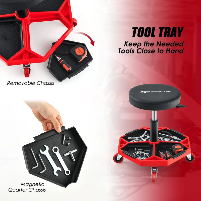 Adjustable Shop Mechanic Stool – Pneumatic Creeper with Magnetic Tool Tray and Detachable Seat