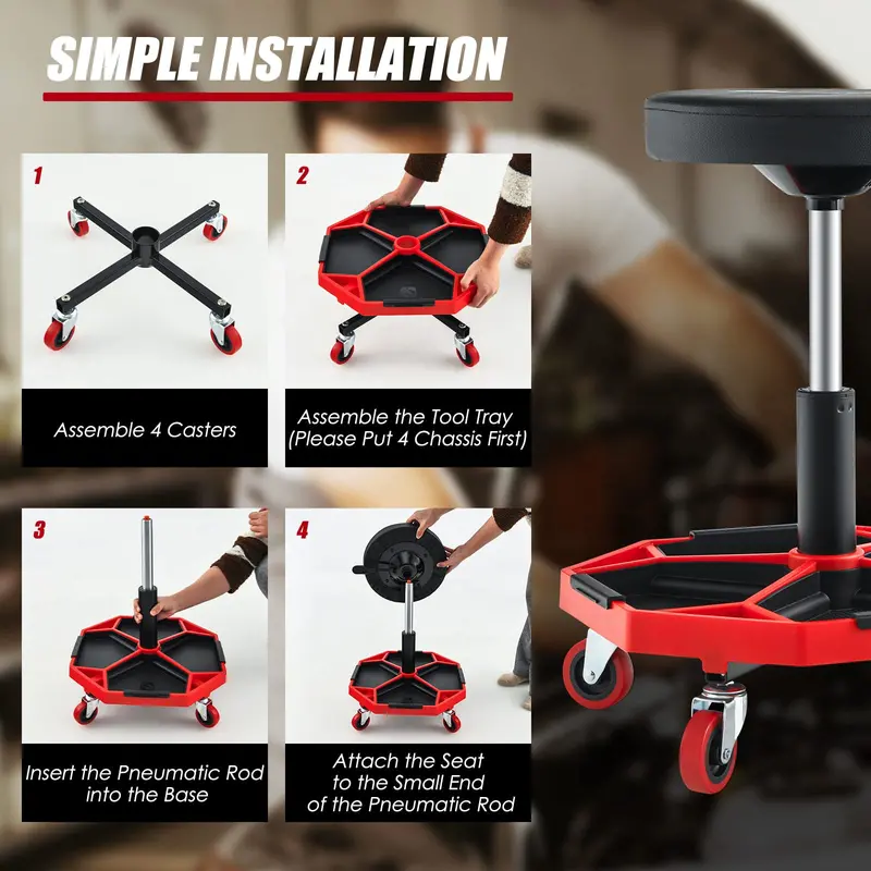 Adjustable Shop Mechanic Stool – Pneumatic Creeper with Magnetic Tool Tray and Detachable Seat