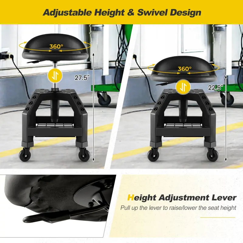 Adjustable Swivel Mechanic Stool with Casters and Built-in Tool Tray