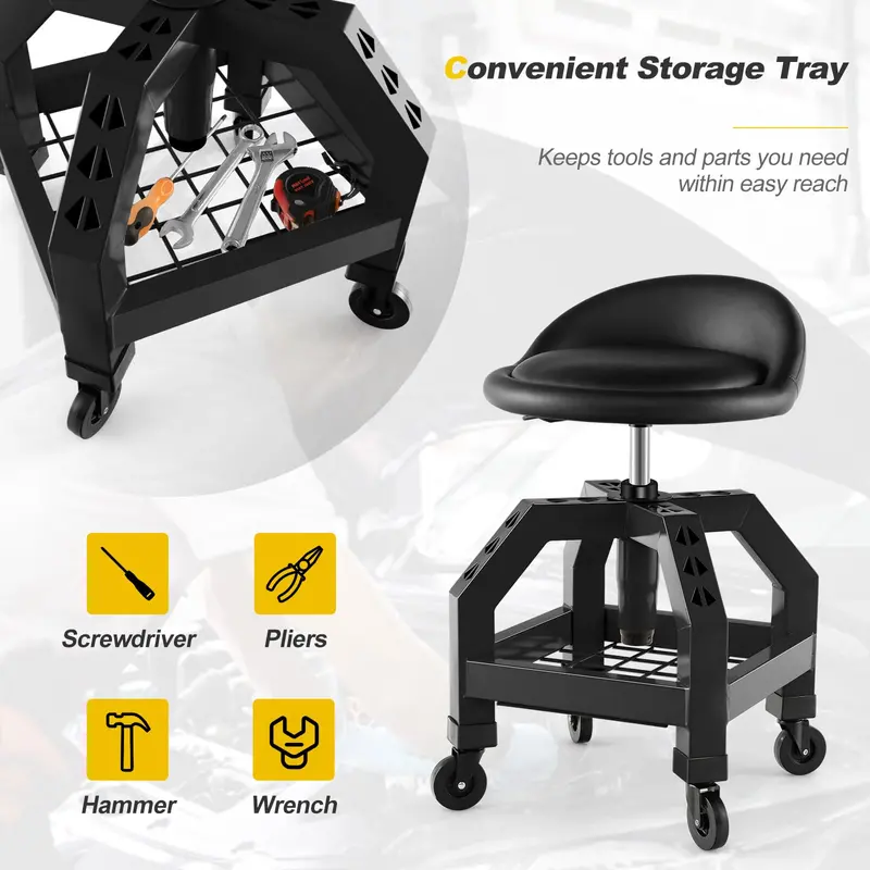 Adjustable Swivel Mechanic Stool with Casters and Built-in Tool Tray