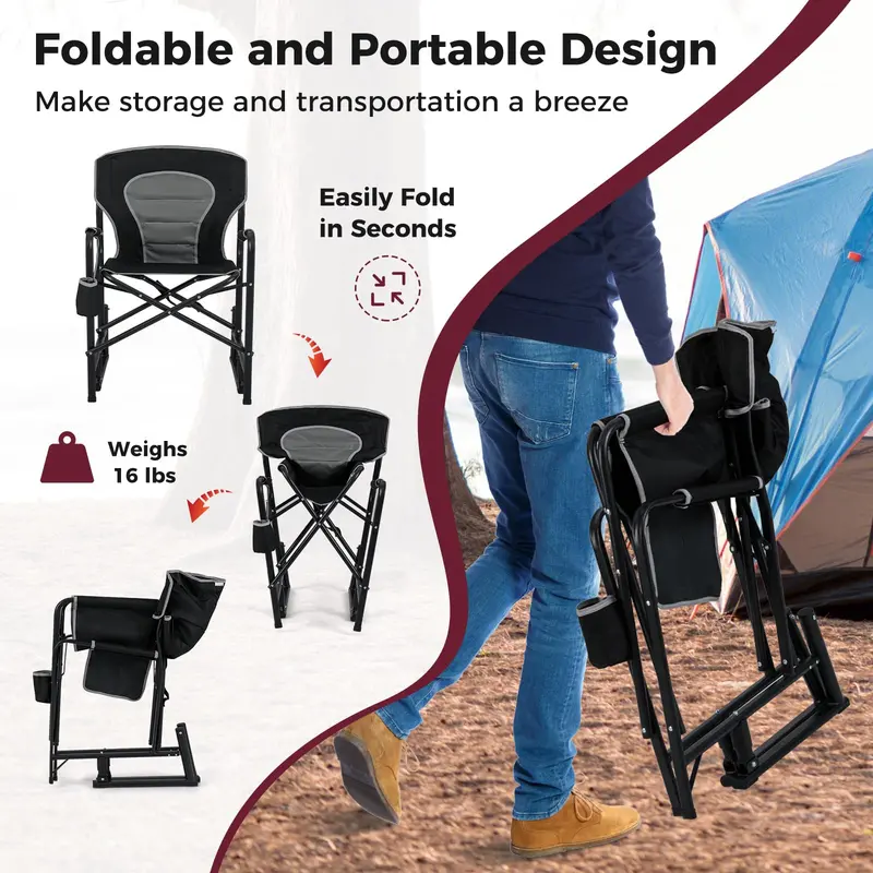 Adult Camping Rocker Chair – Dual-Spring Foldable Outdoor Seat with Padded Back Support