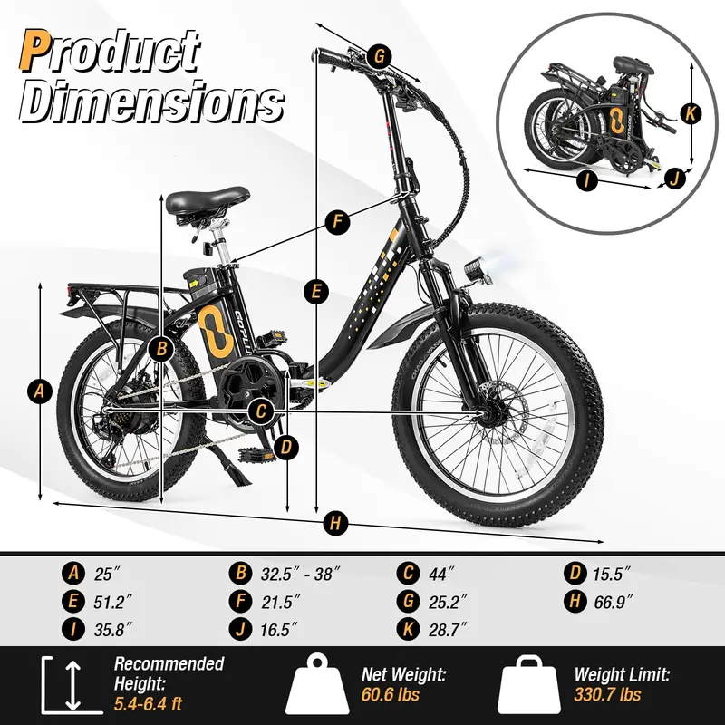 Adult Folding Electric Bike – 20" Fat-Tire Ebike with 750W Brushless Motor (850W Peak)