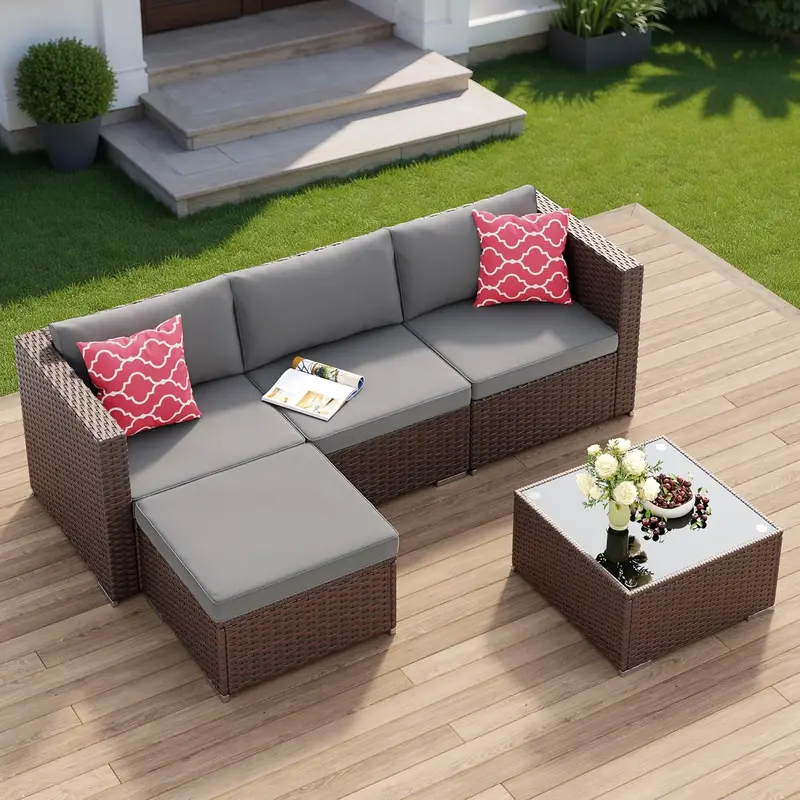 Aiho 5-Piece All-Weather Wicker Sectional Set – Outdoor Patio Sofa with Cushions & Tempered Glass Table (Grey)