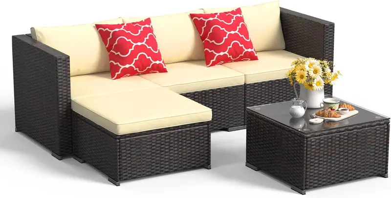 Aiho 5-Piece All-Weather Wicker Sectional Set – Outdoor Patio Sofa with Cushions & Tempered Glass Table (Grey) 2