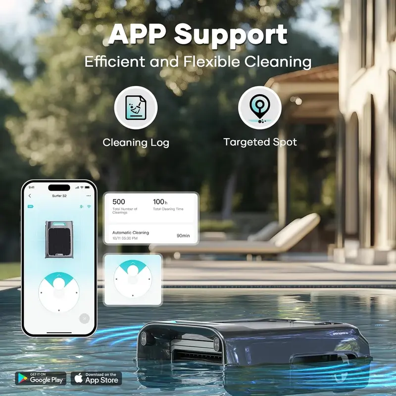 AIPER Surfer S2 Solar-Powered Pool Skimmer – APP-Controlled, 24/7 Auto-Cleaning, Dual Charging, Smart Obstacle Avoidance for All Pool Types