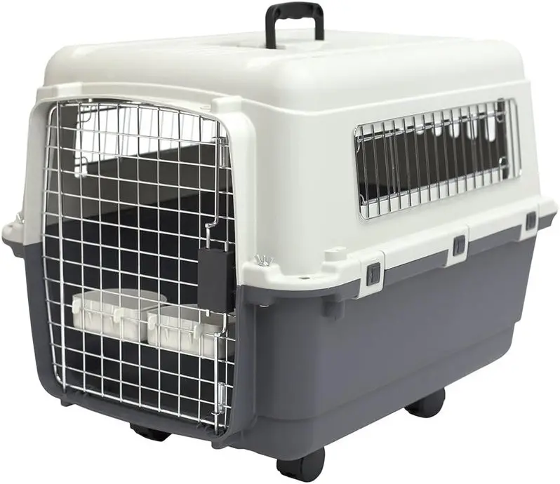Airline-Approved Rolling Travel Crate for Dogs – XXX-Large Plastic Kennel with Wire Door and Smooth-Castor Wheels (Gray)