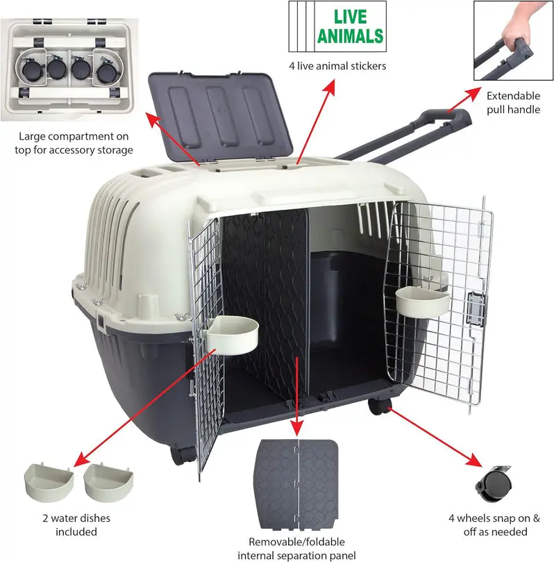 Airline-Approved Rolling Travel Crate for Dogs – XXX-Large Plastic Kennel with Wire Door and Smooth-Castor Wheels (Gray)
