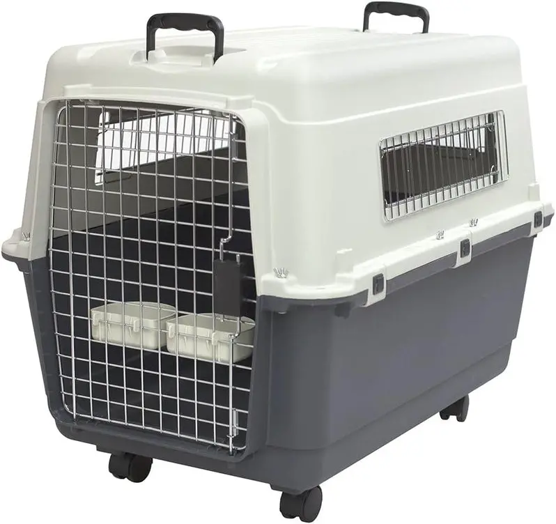 Airline-Approved Rolling Travel Crate for Dogs – XXX-Large Plastic Kennel with Wire Door and Smooth-Castor Wheels (Gray)