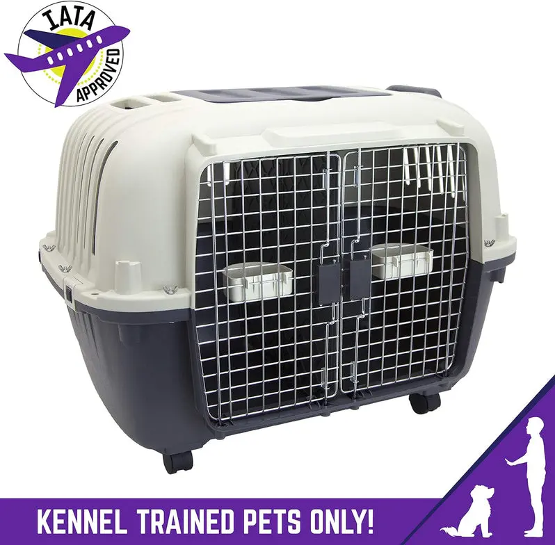 Airline-Approved Rolling Travel Crate for Dogs – XXX-Large Plastic Kennel with Wire Door and Smooth-Castor Wheels (Gray)