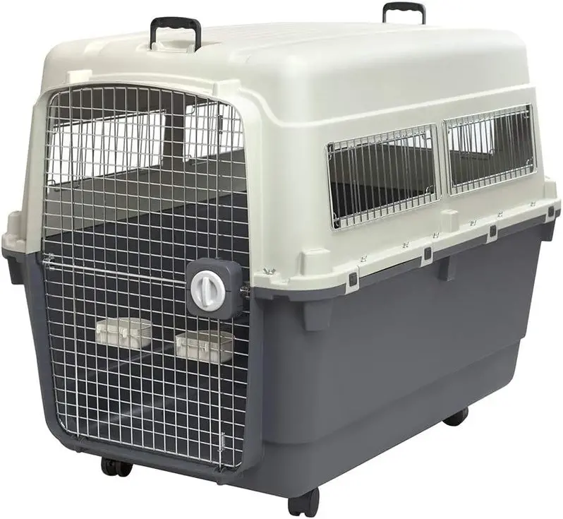 Airline-Approved Rolling Travel Crate for Dogs – XXX-Large Plastic Kennel with Wire Door and Smooth-Castor Wheels (Gray)