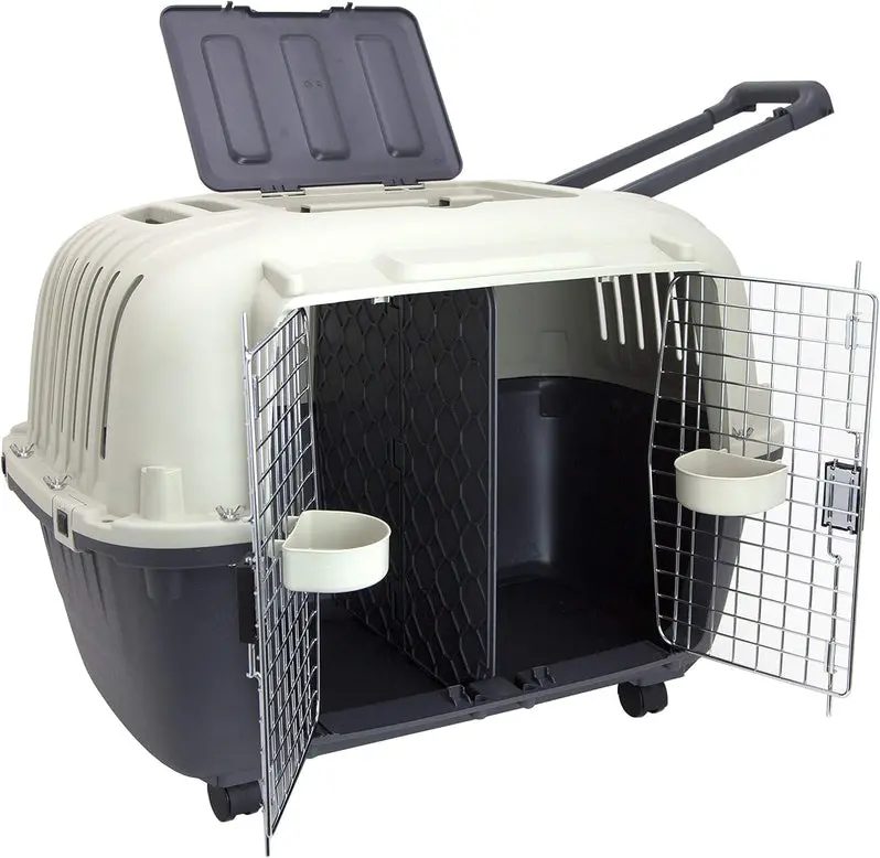 Airline-Approved Rolling Travel Crate for Dogs – XXX-Large Plastic Kennel with Wire Door and Smooth-Castor Wheels (Gray)