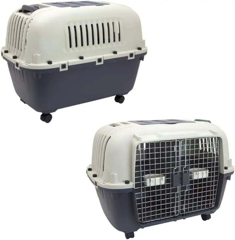 Airline-Approved Rolling Travel Crate for Dogs – XXX-Large Plastic Kennel with Wire Door and Smooth-Castor Wheels (Gray)