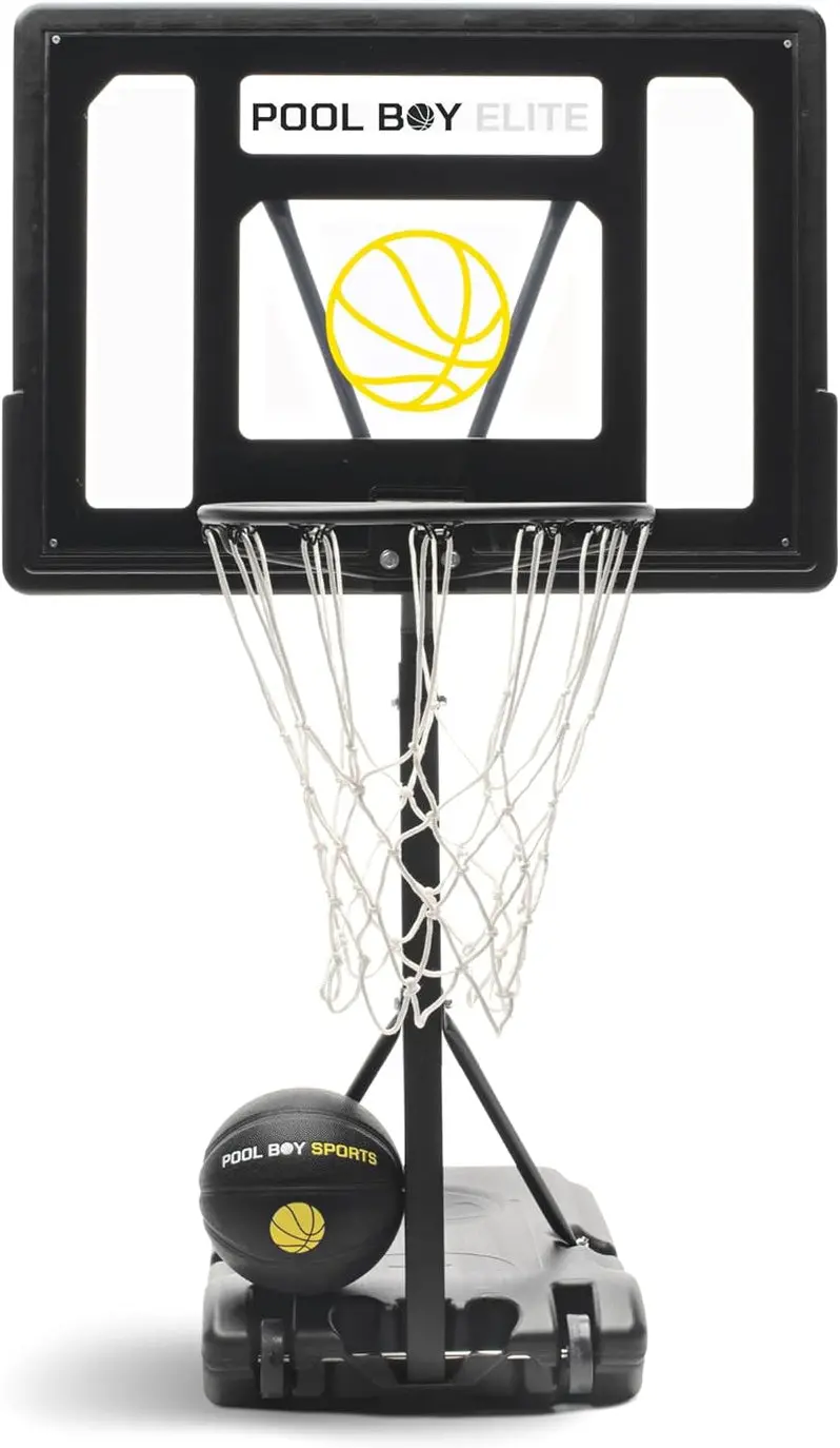 All-in-One Adjustable Pool Basketball Hoop – Includes Composite Ball, Air Pump, Mounting Hardware, and Heavy-Duty Matte Black Frame