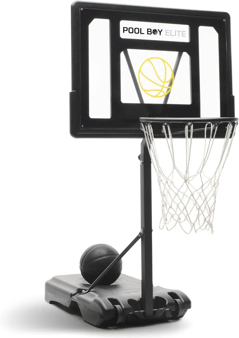 All-in-One Adjustable Pool Basketball Hoop – Includes Composite Ball, Air Pump, Mounting Hardware, and Heavy-Duty Matte Black Frame