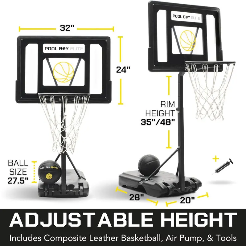 All-in-One Adjustable Pool Basketball Hoop – Includes Composite Ball, Air Pump, Mounting Hardware, and Heavy-Duty Matte Black Frame