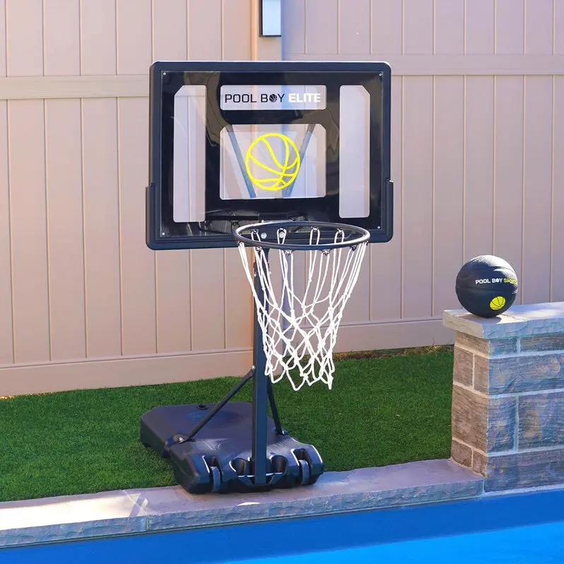All-in-One Adjustable Pool Basketball Hoop – Includes Composite Ball, Air Pump, Mounting Hardware, and Heavy-Duty Matte Black Frame