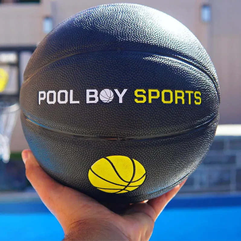 All-in-One Adjustable Pool Basketball Hoop – Includes Composite Ball, Air Pump, Mounting Hardware, and Heavy-Duty Matte Black Frame