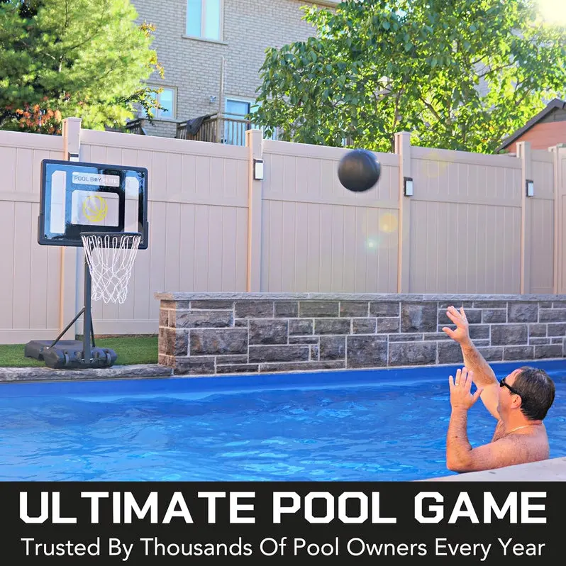 All-in-One Adjustable Pool Basketball Hoop – Includes Composite Ball, Air Pump, Mounting Hardware, and Heavy-Duty Matte Black Frame