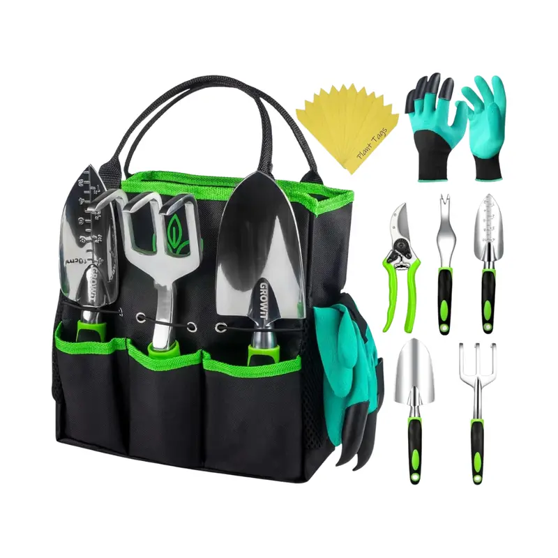 All-in-One Garden Tool Kit with Ergonomic Handles, Organizer Tote & Plant Markers