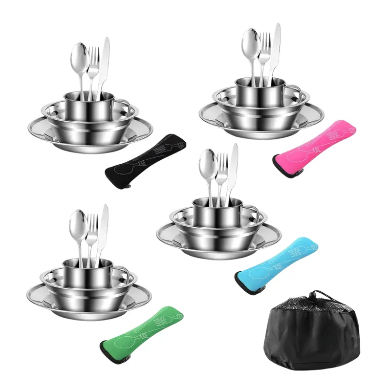 All-in-One Stainless Steel Camping Dinnerware Set – 29-Piece with Mesh Organizer