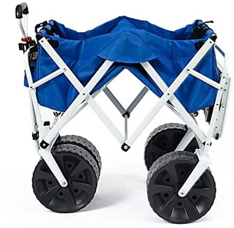 All-Terrain Collapsible Beach Wagon – Heavy-Duty Folding Cart with Oversized Wheels and Side Table for Sand, Grass, or Pavement – Blue/White Design