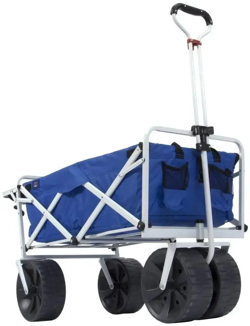 All-Terrain Collapsible Beach Wagon – Heavy-Duty Folding Cart with Oversized Wheels and Side Table for Sand, Grass, or Pavement – Blue/White Design