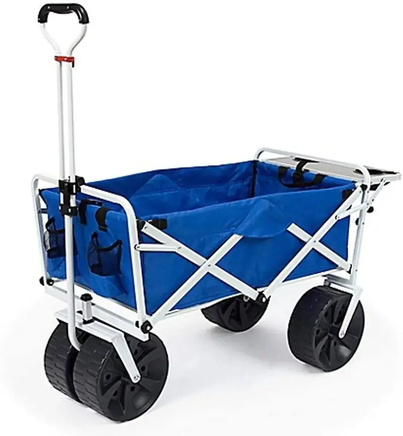 All-Terrain Collapsible Beach Wagon – Heavy-Duty Folding Cart with Oversized Wheels and Side Table for Sand, Grass, or Pavement – Blue/White Design