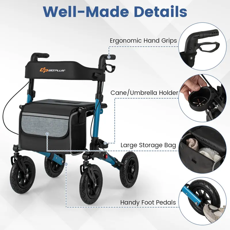 All-Terrain Rollator Walker for Seniors – Dual-Function Folding Design with 9-Inch Pneumatic Tires & Comfort Seat